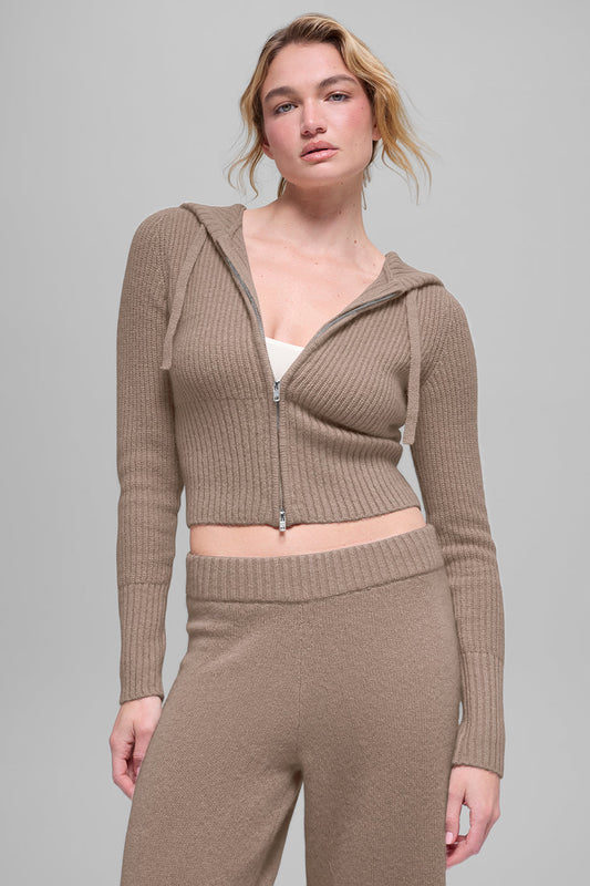 Wool Cashmere Ribbed Noble Full Zip Hoodie - Chai Latte