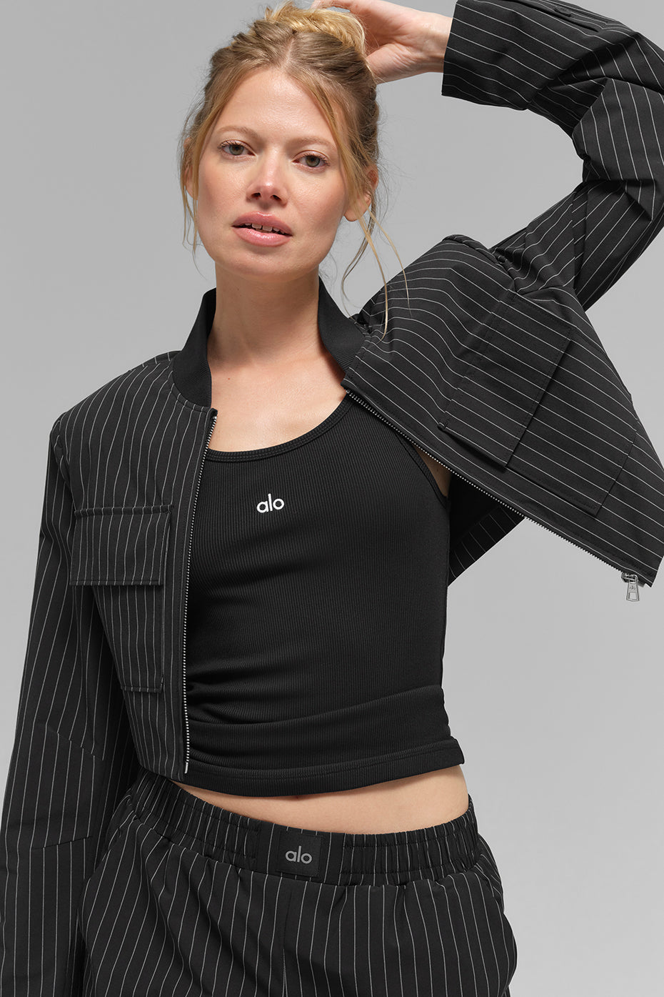 Cropped Pinstripe Main Character Full Zip Jacket - Black/Titanium